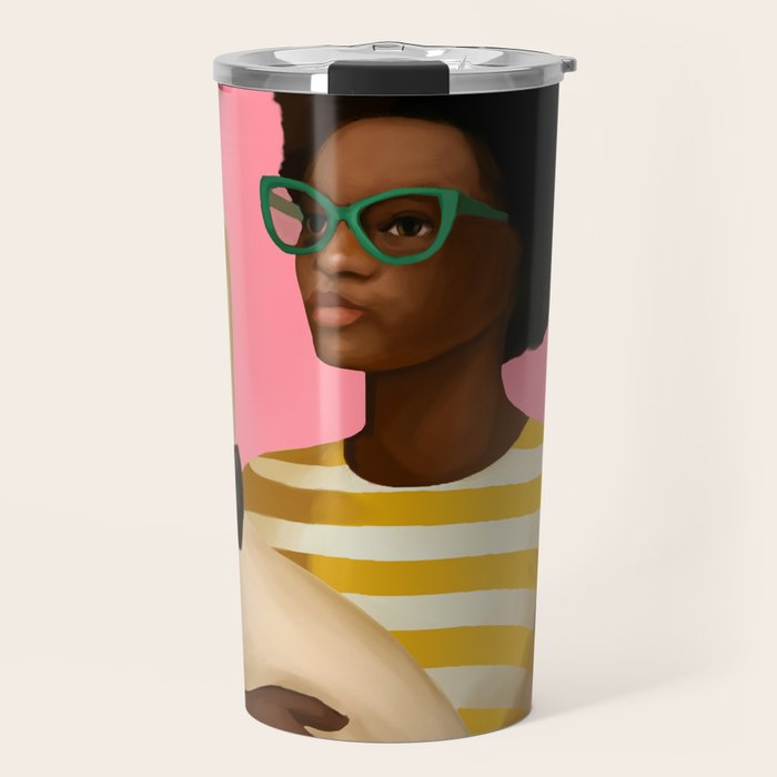 Stylish Woman Holding Goose in Striped Dress Travel Mug Gallery Image 1