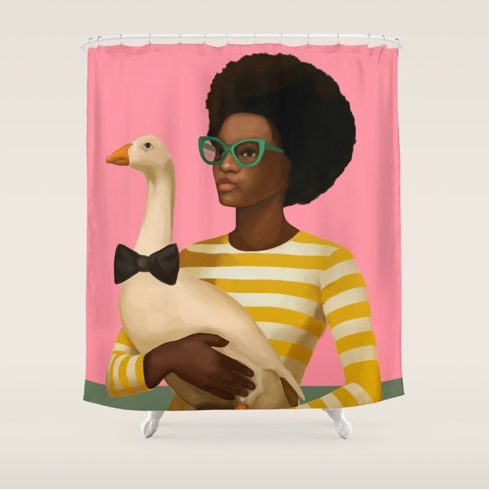 Stylish Woman Holding Goose in Striped Dress Shower Curtain Gallery Image 1