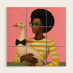 Stylish Woman Holding Goose in Striped Dress Wood Wall Art Gallery Image 1
