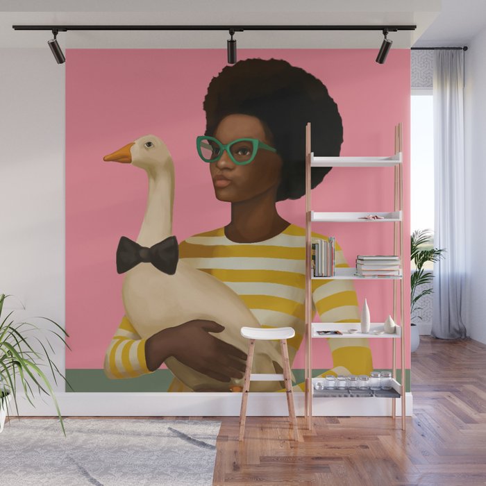Stylish Woman Holding Goose in Striped Dress Wall Mural Gallery Image 1