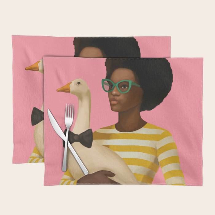 Stylish Woman Holding Goose in Striped Dress Placemat Gallery Image 1