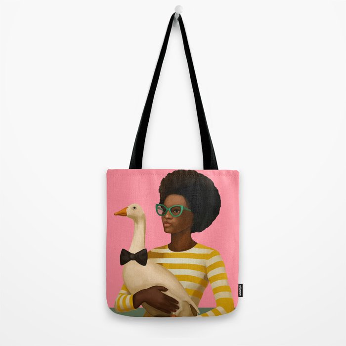 Stylish Woman Holding Goose in Striped Dress Tote Bag Gallery Image 2