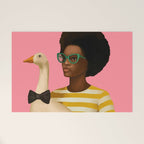 Stylish Woman Holding Goose in Striped Dress Welcome Mat Gallery Image 1