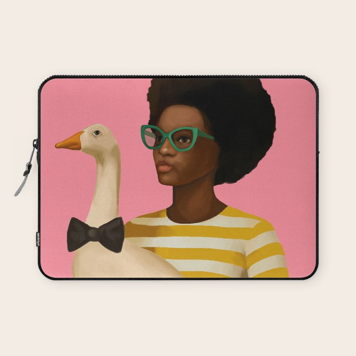 Stylish Woman Holding Goose in Striped Dress Laptop Sleeve Gallery Image 1