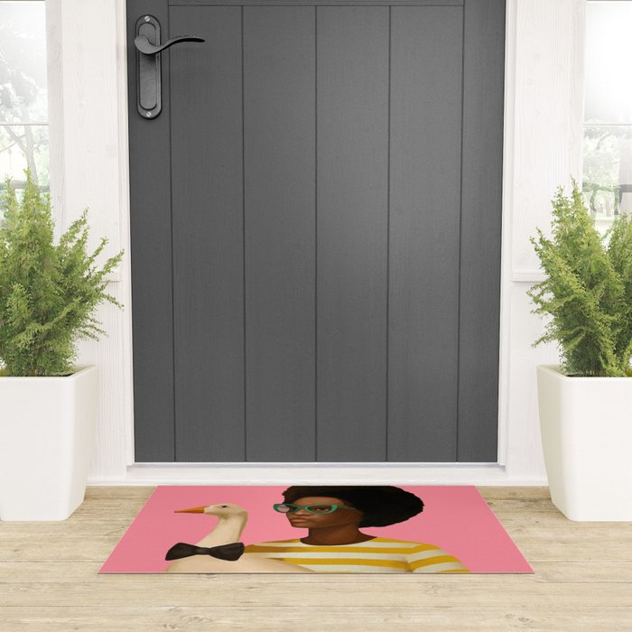 Stylish Woman Holding Goose in Striped Dress Welcome Mat Gallery Image 3