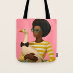 Stylish Woman Holding Goose in Striped Dress Tote Bag Gallery Image 1