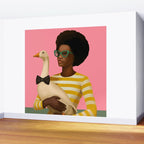 Stylish Woman Holding Goose in Striped Dress Wall Mural Gallery Image 2