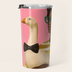 Stylish Woman Holding Goose in Striped Dress Travel Mug Gallery Image 3