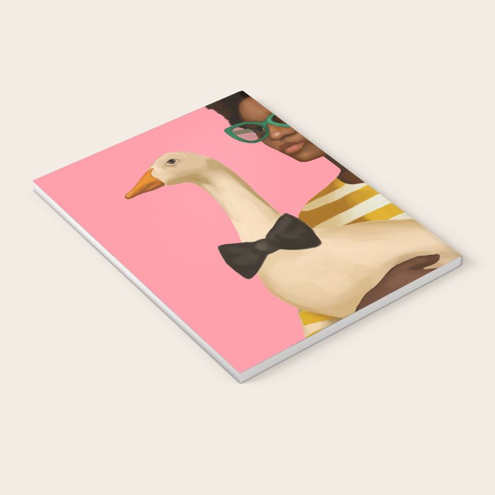 Stylish Woman Holding Goose in Striped Dress Notebook Gallery Image 3