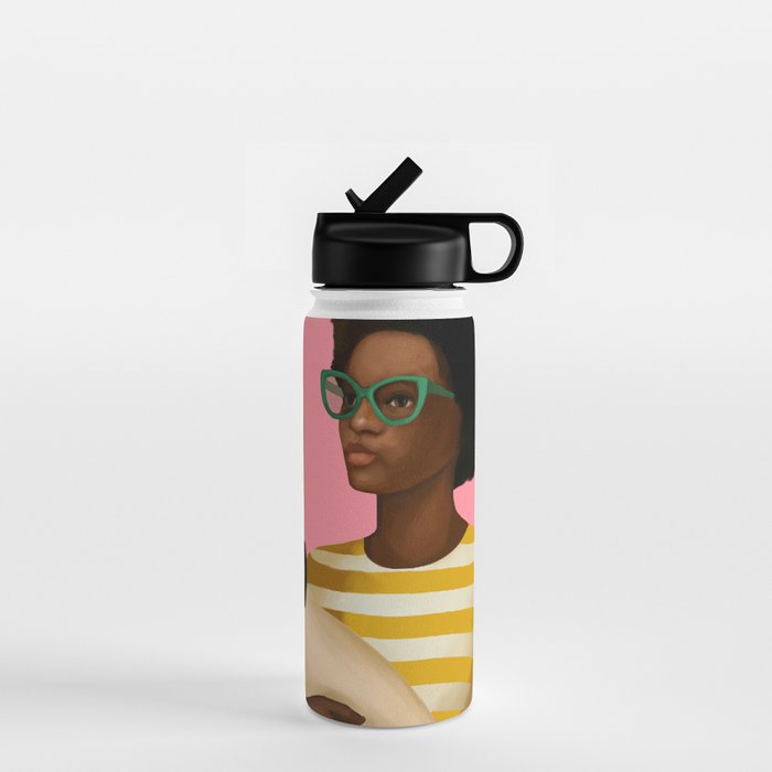 Stylish Woman Holding Goose in Striped Dress Water Bottle Gallery Image 1