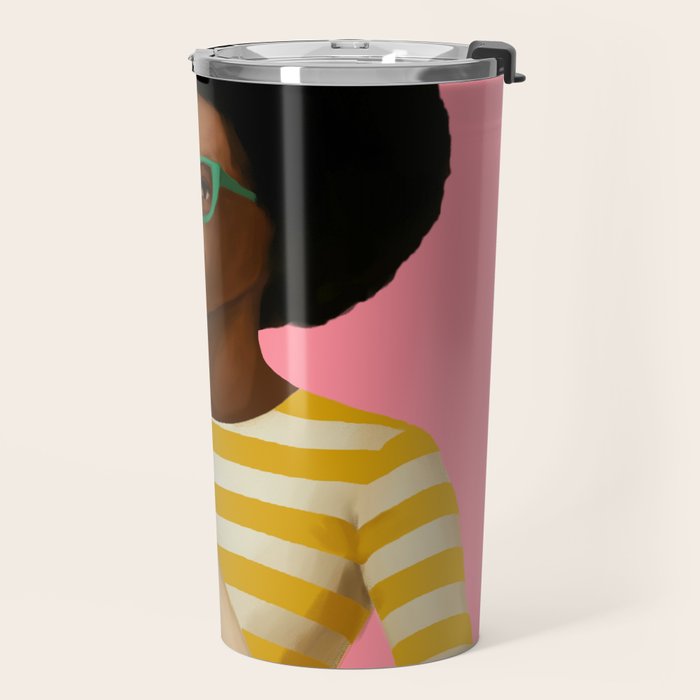 Stylish Woman Holding Goose in Striped Dress Travel Mug Gallery Image 2