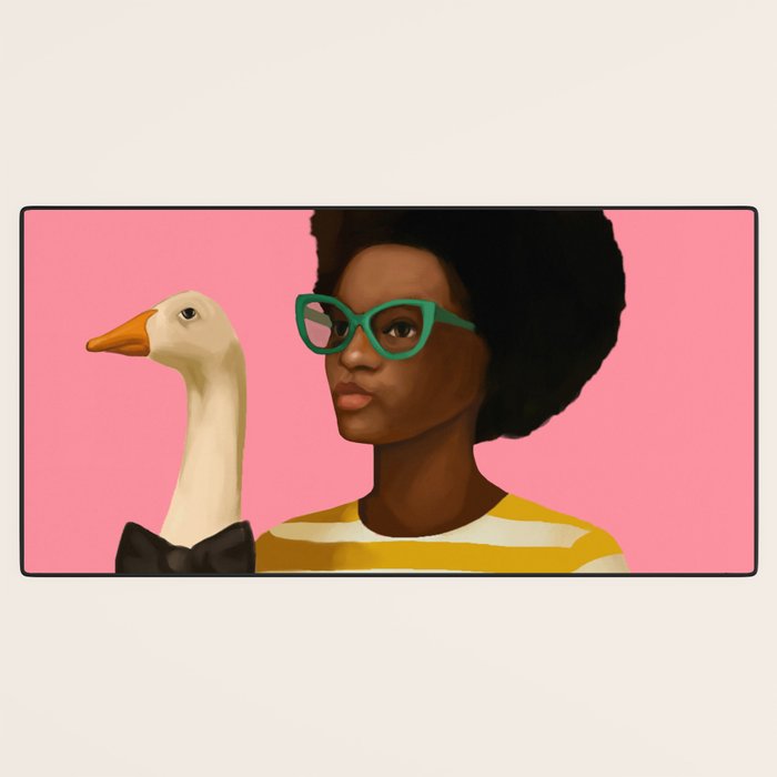 Stylish Woman Holding Goose in Striped Dress Desk Mat Gallery Image 3