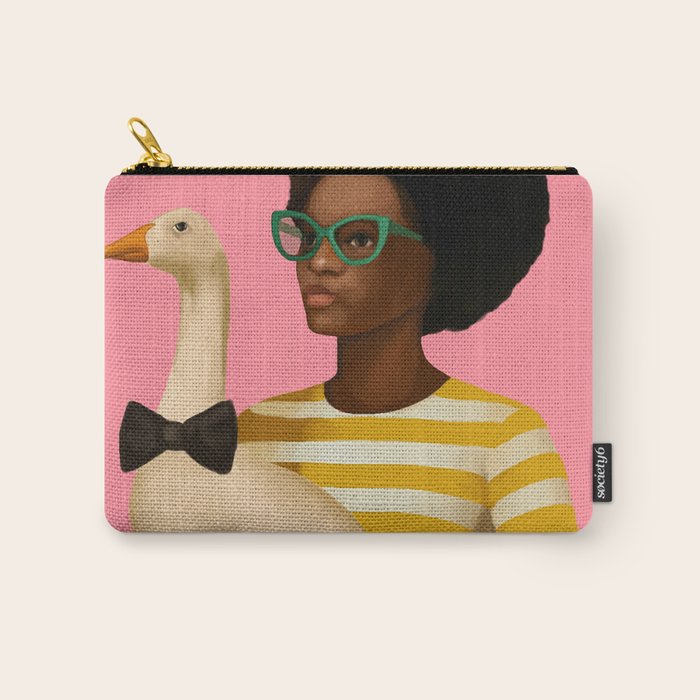Stylish Woman Holding Goose in Striped Dress Carry All Pouch Gallery Image 1