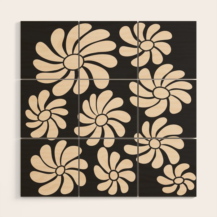 Black and White Retro Super Bloom - 70's vibe  Wood Wall Art Gallery Image 1