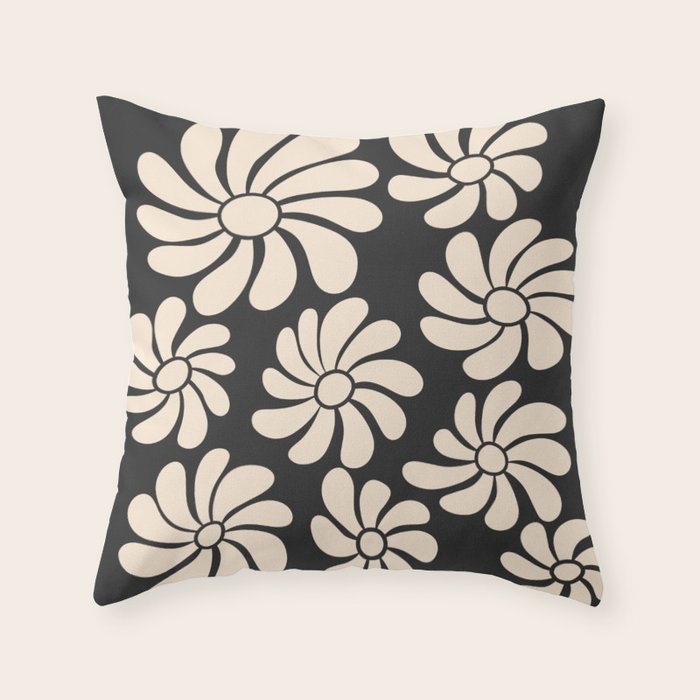 Black and White Retro Super Bloom - 70's vibe  Throw Pillow Gallery Image 1