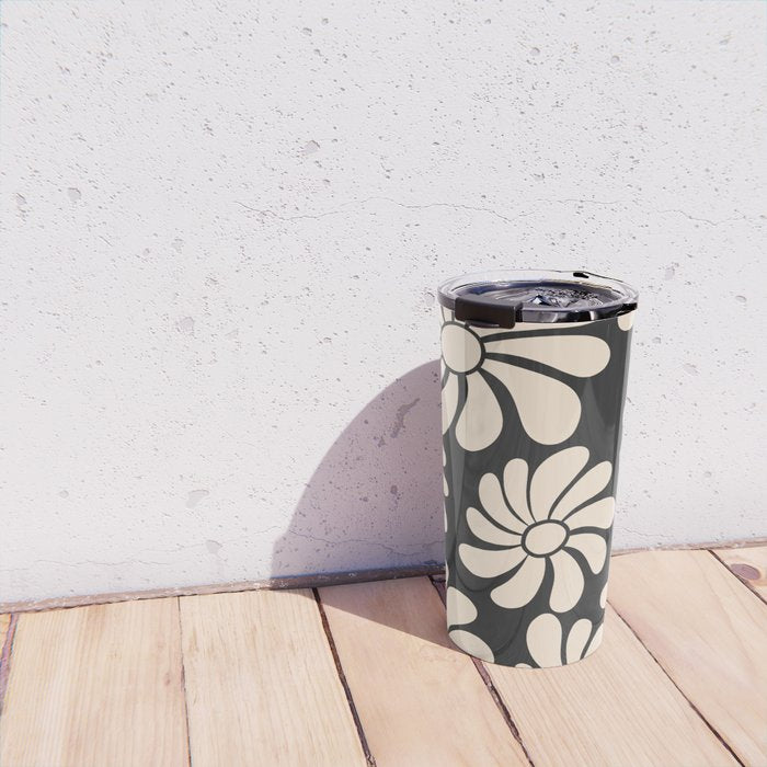 Black and White Retro Super Bloom - 70's vibe  Travel Mug Gallery Image 4