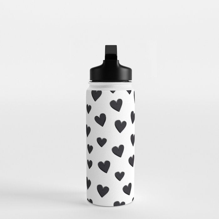 Hearts Love Black and White Pattern Water Bottle Gallery Image 3