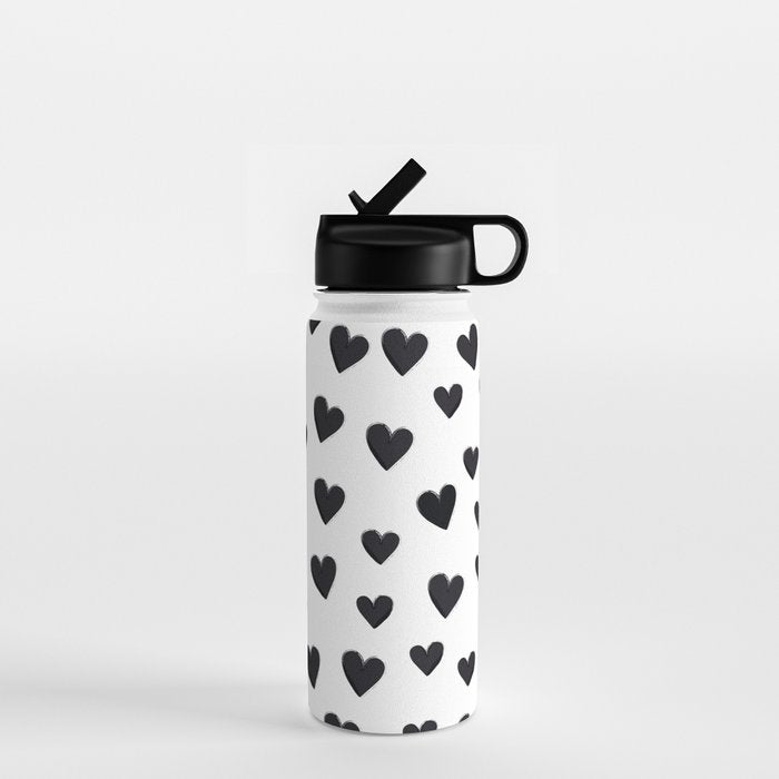 Hearts Love Black and White Pattern Water Bottle Gallery Image 1