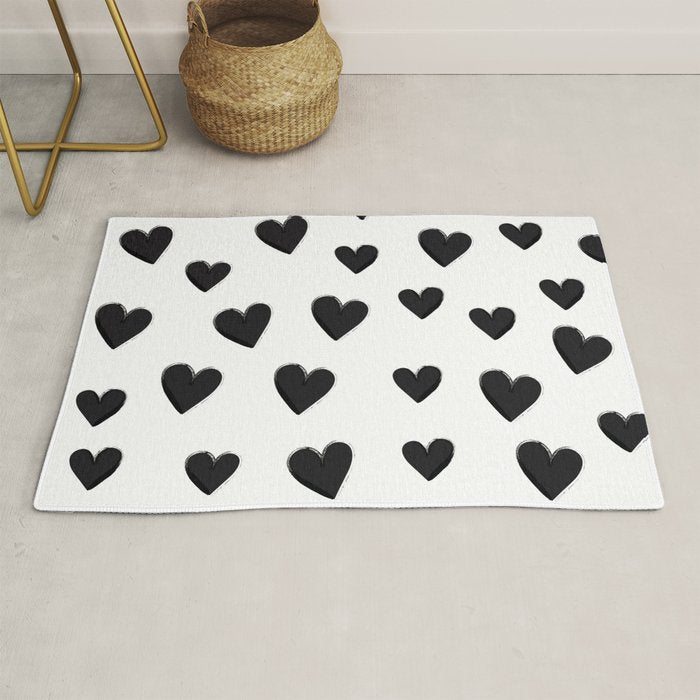 Hearts Love Black and White Pattern Rug Gallery Image 1