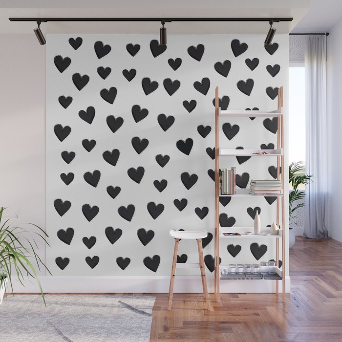 Hearts Love Black and White Pattern Wall Mural Gallery Image 1