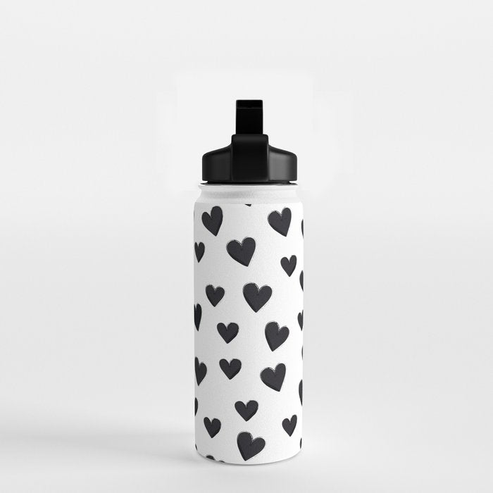 Hearts Love Black and White Pattern Water Bottle Gallery Image 2