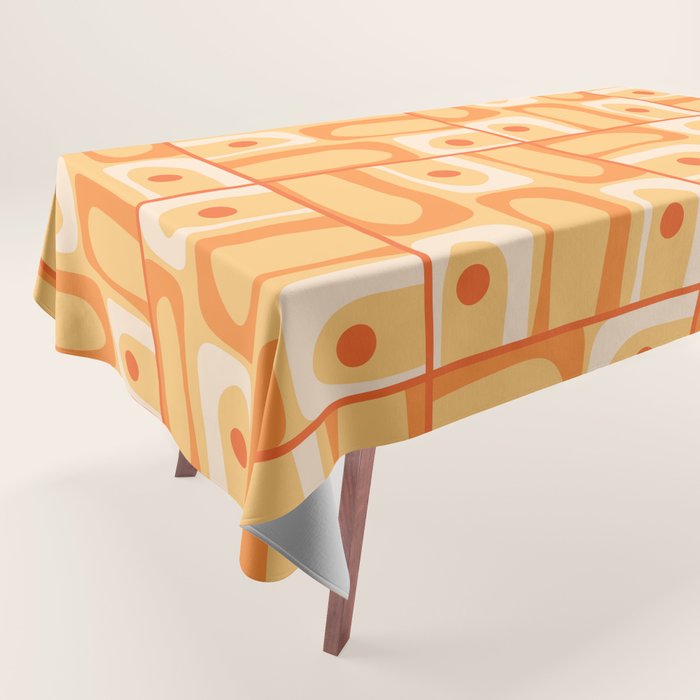 Mid Century Modern Piquet Abstract Multi Tiled Geometric Pattern in Orange Tangerine Tones Tablecloth Gallery Image 1