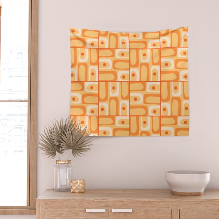 Mid Century Modern Piquet Abstract Multi Tiled Geometric Pattern in Orange Tangerine Tones Wall Tapestry Gallery Image 2