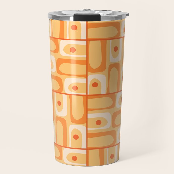 Mid Century Modern Piquet Abstract Multi Tiled Geometric Pattern in Orange Tangerine Tones Travel Mug Gallery Image 1