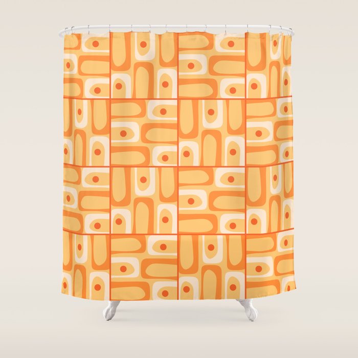 Mid Century Modern Piquet Abstract Multi Tiled Geometric Pattern in Orange Tangerine Tones Shower Curtain Gallery Image 1