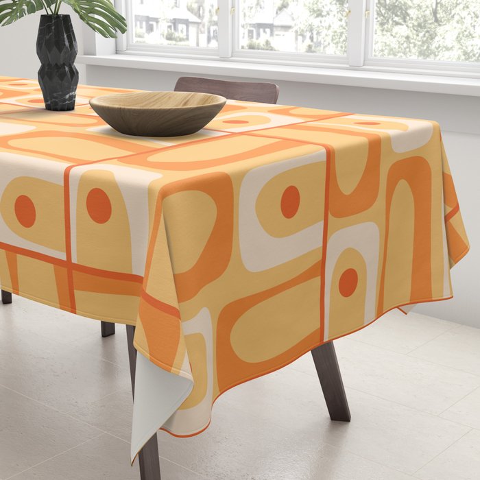 Mid Century Modern Piquet Abstract Multi Tiled Geometric Pattern in Orange Tangerine Tones Tablecloth Gallery Image 3