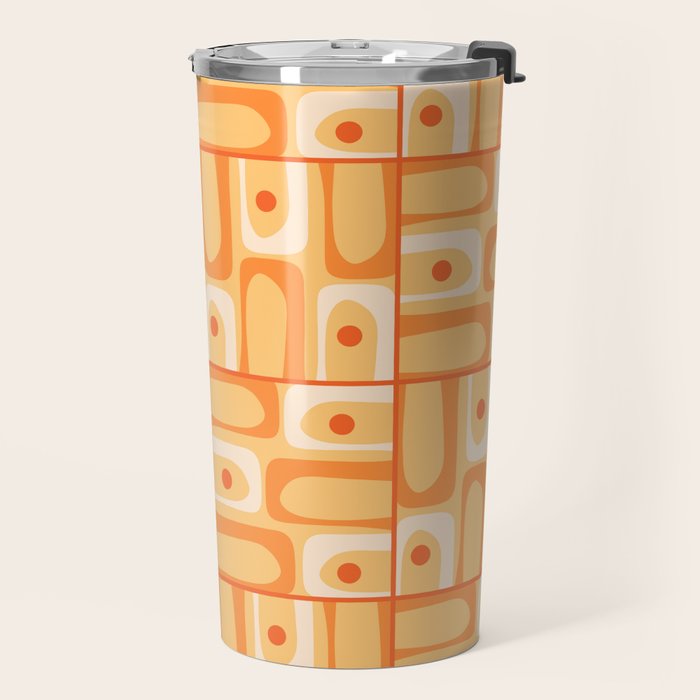 Mid Century Modern Piquet Abstract Multi Tiled Geometric Pattern in Orange Tangerine Tones Travel Mug Gallery Image 2