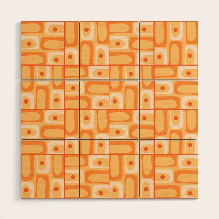 Mid Century Modern Piquet Abstract Multi Tiled Geometric Pattern in Orange Tangerine Tones Wood Wall Art Gallery Image 1