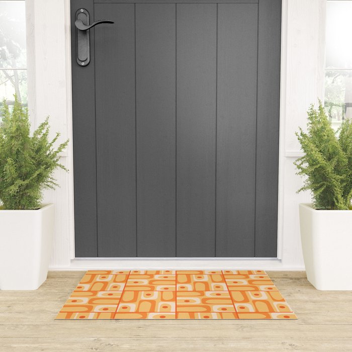 Mid Century Modern Piquet Abstract Multi Tiled Geometric Pattern in Orange Tangerine Tones Welcome Mat Gallery Image 3