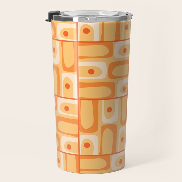 Mid Century Modern Piquet Abstract Multi Tiled Geometric Pattern in Orange Tangerine Tones Travel Mug Gallery Image 3