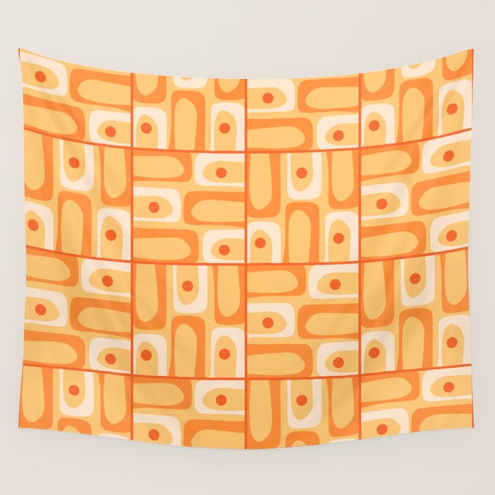 Mid Century Modern Piquet Abstract Multi Tiled Geometric Pattern in Orange Tangerine Tones Wall Tapestry Gallery Image 4