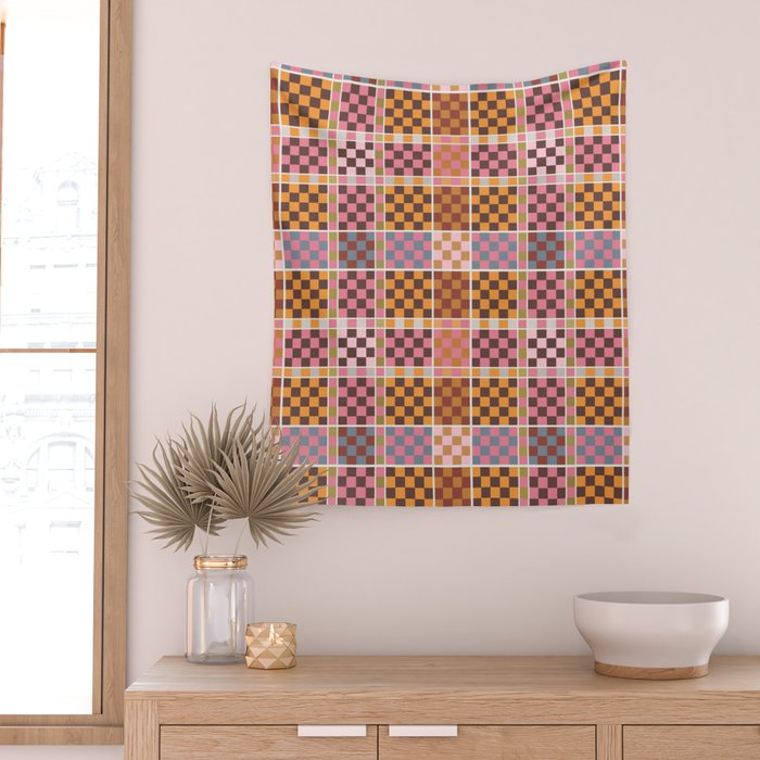 Vibrant Checkered Grid Wall Tapestry Gallery Image 2
