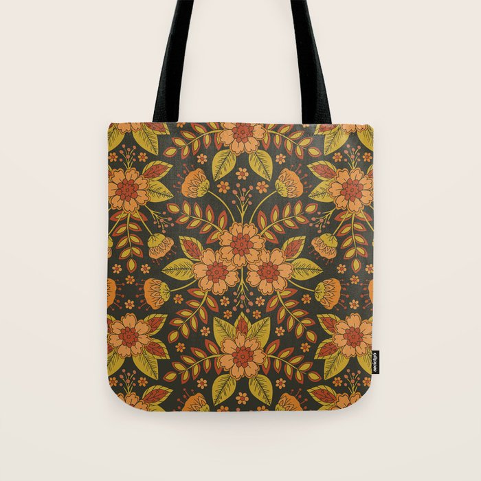Orange, Peach, Olive Green & Dark Gray Floral Pattern Tote Bag Gallery Image 1
