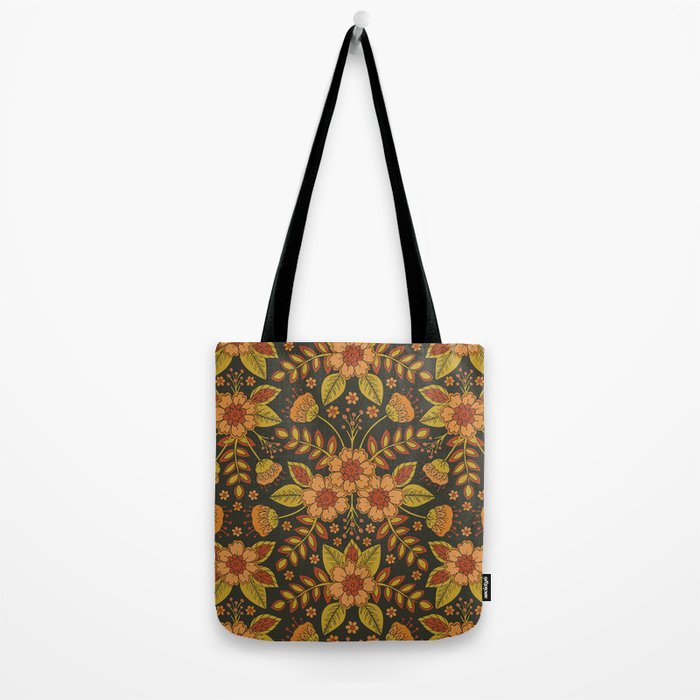 Orange, Peach, Olive Green & Dark Gray Floral Pattern Tote Bag Gallery Image 2