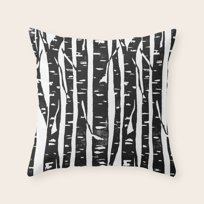 Woodcut Birches Black Throw Pillow Gallery Image 1