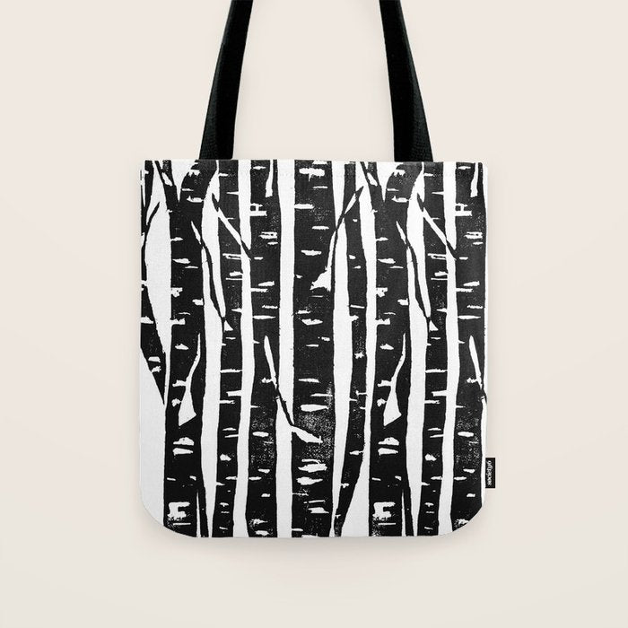 Woodcut Birches Black Tote Bag Gallery Image 1