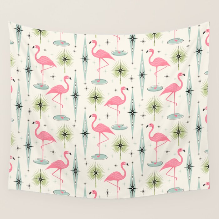 Atomic Flamingo Oasis - Larger Scale ©studioxtine Wall Tapestry Gallery Image 1