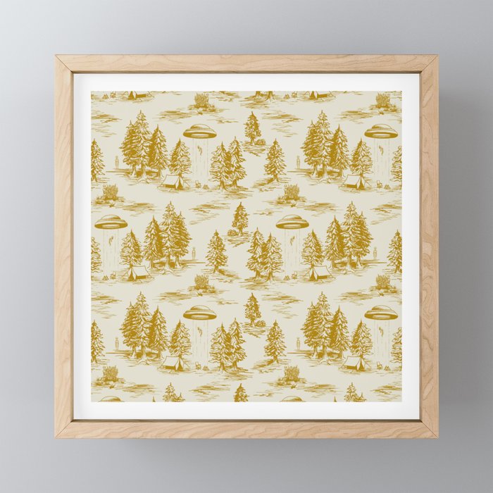 Yellow/Gold Alien Abduction Toile De Jouy Pattern Mini Art Print Gallery Image 1