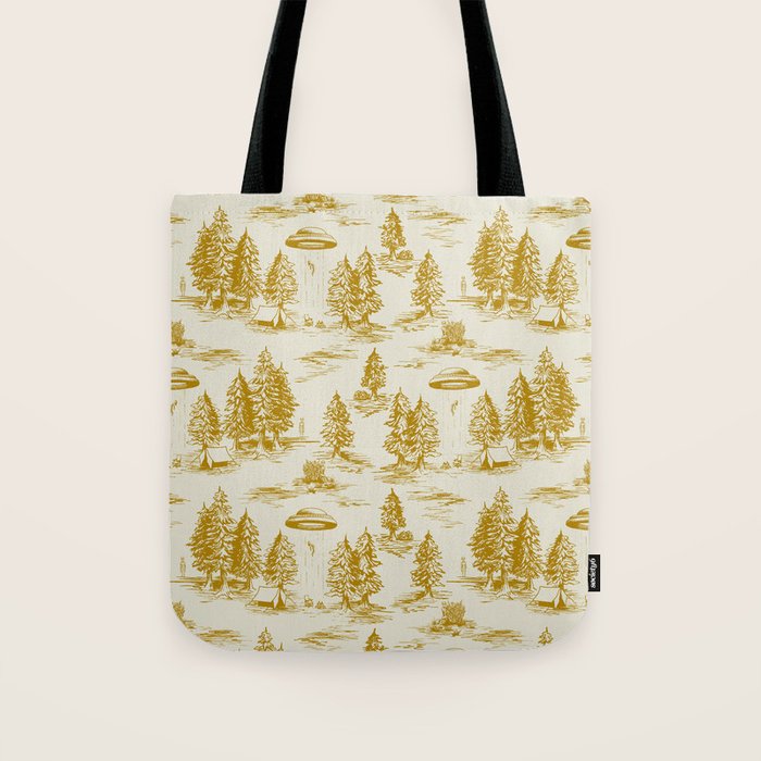 Yellow/Gold Alien Abduction Toile De Jouy Pattern Tote Bag Gallery Image 1