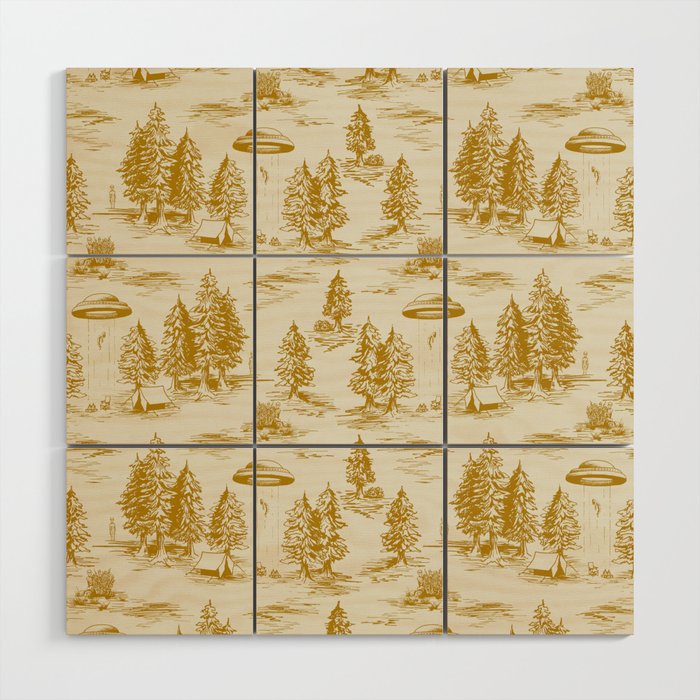 Yellow/Gold Alien Abduction Toile De Jouy Pattern Wood Wall Art Gallery Image 1