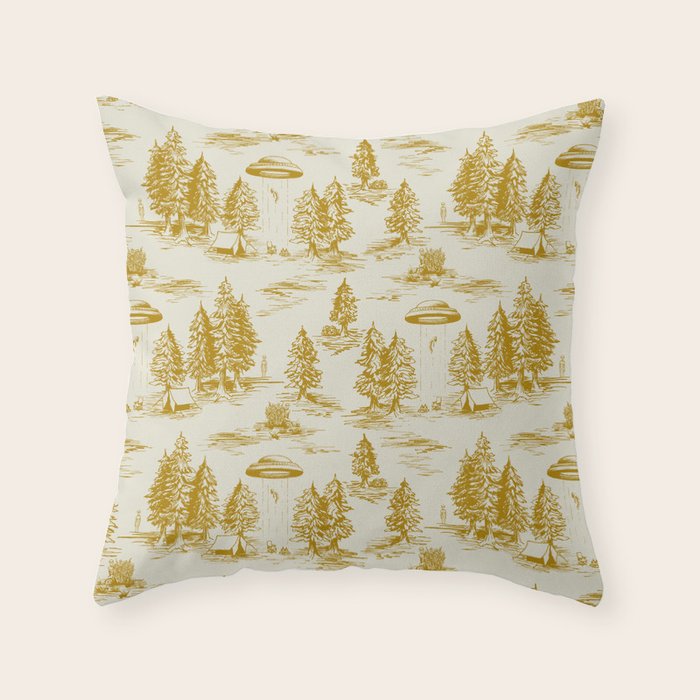 Yellow/Gold Alien Abduction Toile De Jouy Pattern Throw Pillow Gallery Image 1