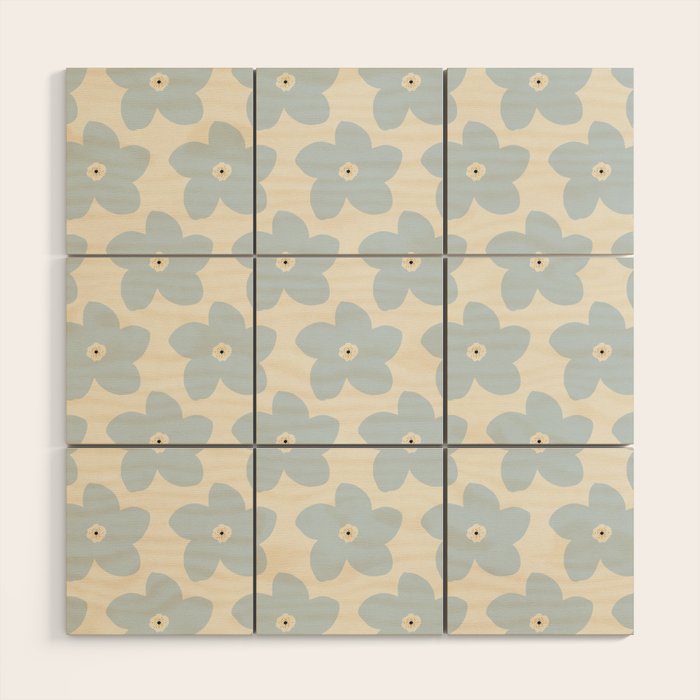 Light Blue And Cream Retro Flower Wood Wall Art Gallery Image 1
