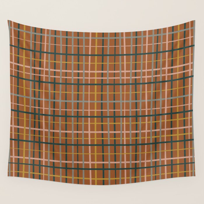 Retro Modern Boho Tartan Plaid Rust Navy Blush Mustard Gray Wall Tapestry Gallery Image 1