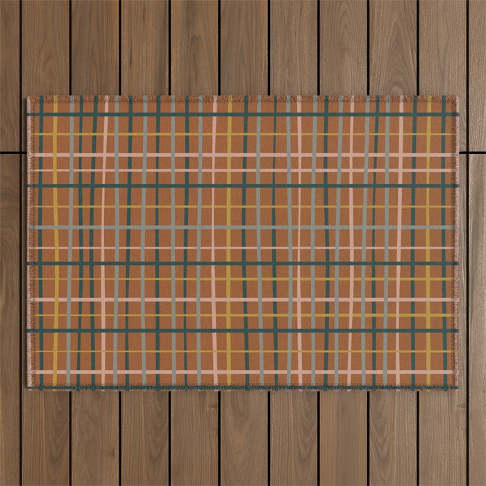 Retro Modern Boho Tartan Plaid Rust Navy Blush Mustard Gray Outdoor Rug Gallery Image 1