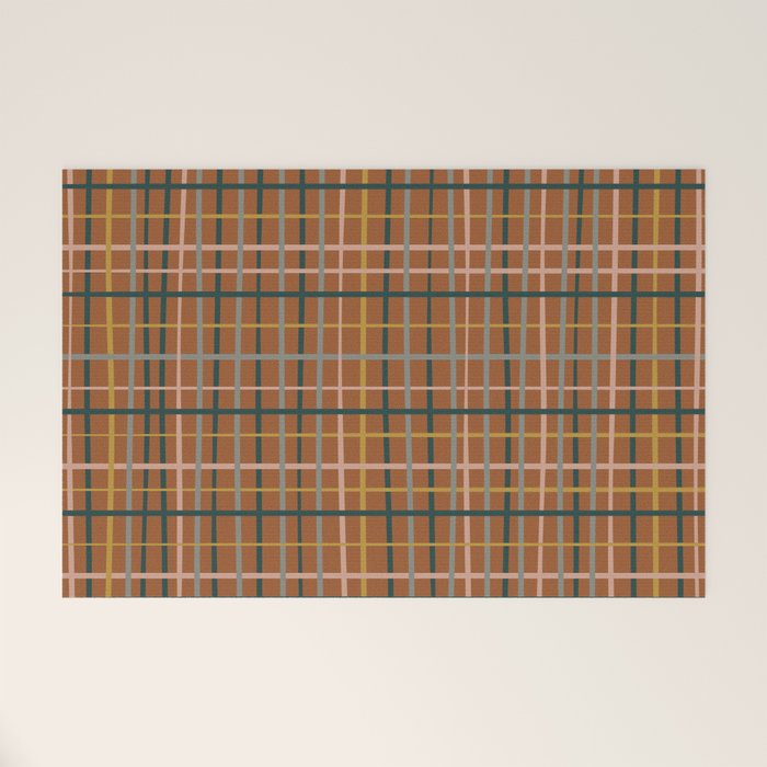 Retro Modern Boho Tartan Plaid Rust Navy Blush Mustard Gray Welcome Mat Gallery Image 1