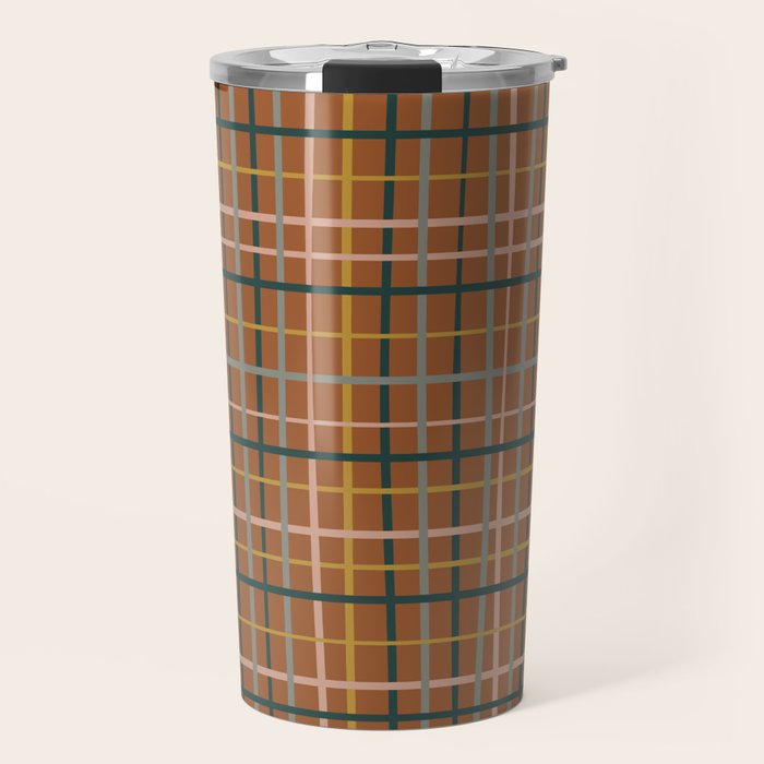 Retro Modern Boho Tartan Plaid Rust Navy Blush Mustard Gray Travel Mug Gallery Image 1